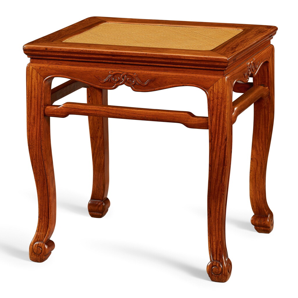 View full screen - View 1 of Lot 20. A HUANGHUALI RECTANGULAR STOOL, CHANGFANGDENG MING DYNASTY, 17TH CENTURY | 明十七世紀 黃花梨束腰羅鍋棖三彎腿長方凳.