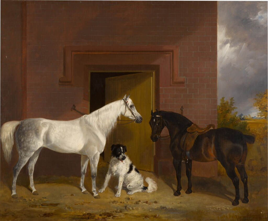 View full screen - View 1 of Lot 744. White and Brown Horse in a Farmyard with Dog.