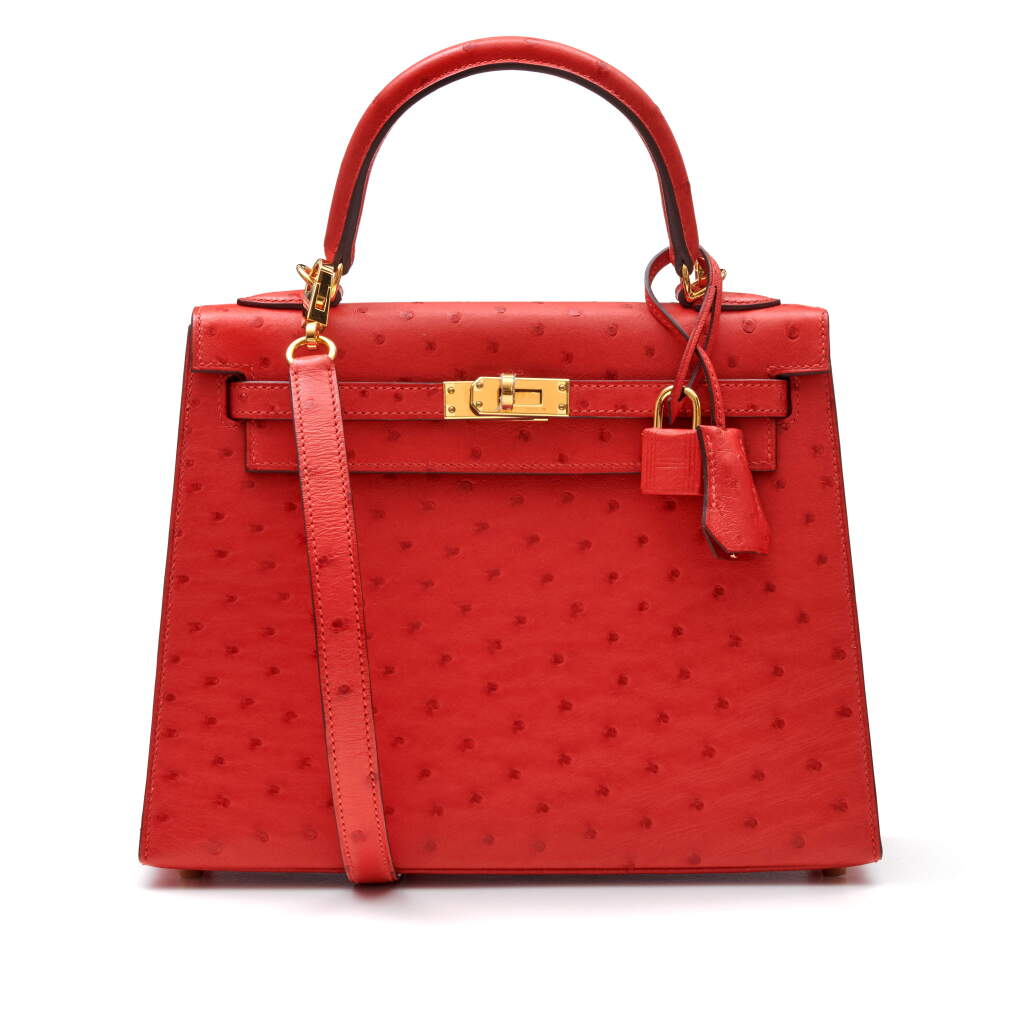 View full screen - View 1 of Lot 307. Bougainvillier Sellier Kelly 25cm in Ostrich Leather with Gold Hardware, 2018.
