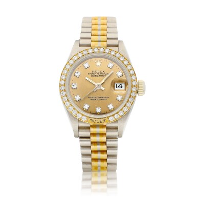 View full screen - View 1 of Lot 8027. Tridor DateJust, Reference 69149 | A three colour gold and diamond-set wristwatch with date and bracelet, Circa 1987 | 勞力士 | Tridor DateJust 型號69149 | 三色金鑲鑽石鏈帶腕錶,備日期顯示,約1987年製.