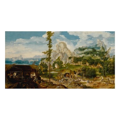 View full screen - View 1 of Lot 17. An extensive mountainous landscape with a metal foundry, showing various stages of the production of iron and steel.