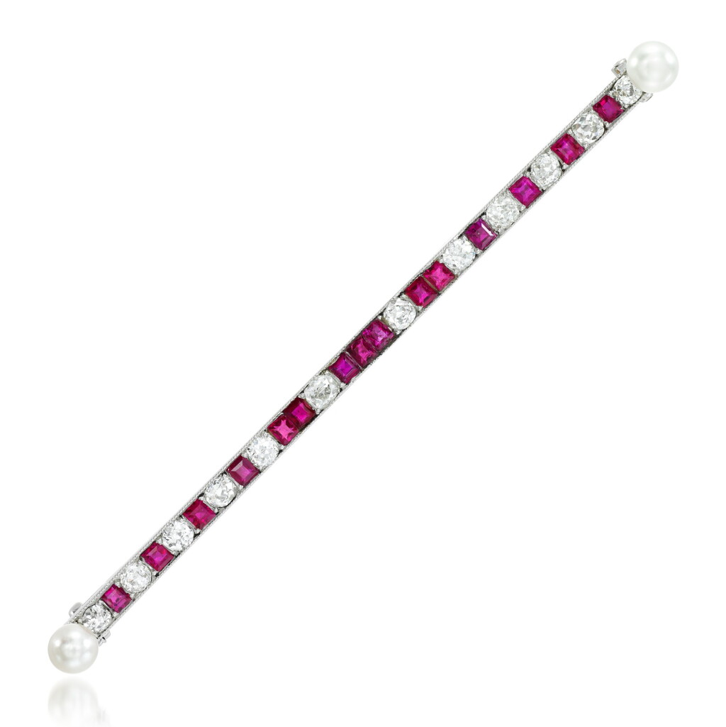 View full screen - View 1 of Lot 189. Cartier | Ruby, pearl and diamond bar brooch, early 20th century.