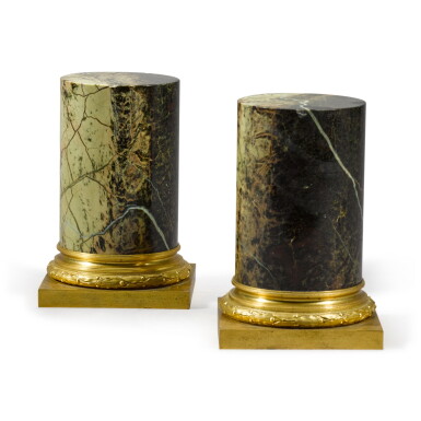 View full screen - View 1 of Lot 42. A pair of Russian gilt-bronze mounted Gaginskaya jasper pedestals, late 18th century.