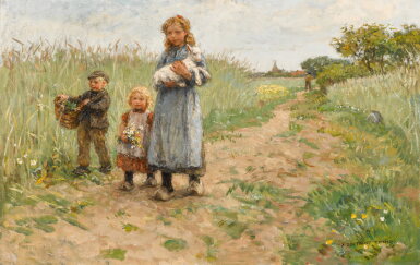 View full screen - View 1 of Lot 127. Children walking with a lamb near Blaricum.