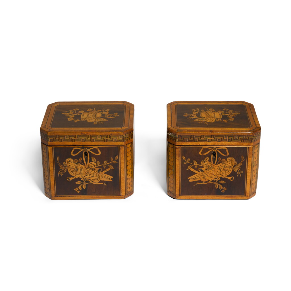 View full screen - View 1 of Lot 89. A pair of George III rosewood and boxwood marquetry tea caddies, circa 1780.