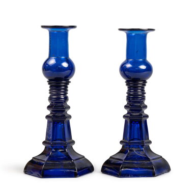 View full screen - View 1 of Lot 172. A Pair of American Cobalt-Blue Molded and Pressed Glass Candlesticks, 19th Century.