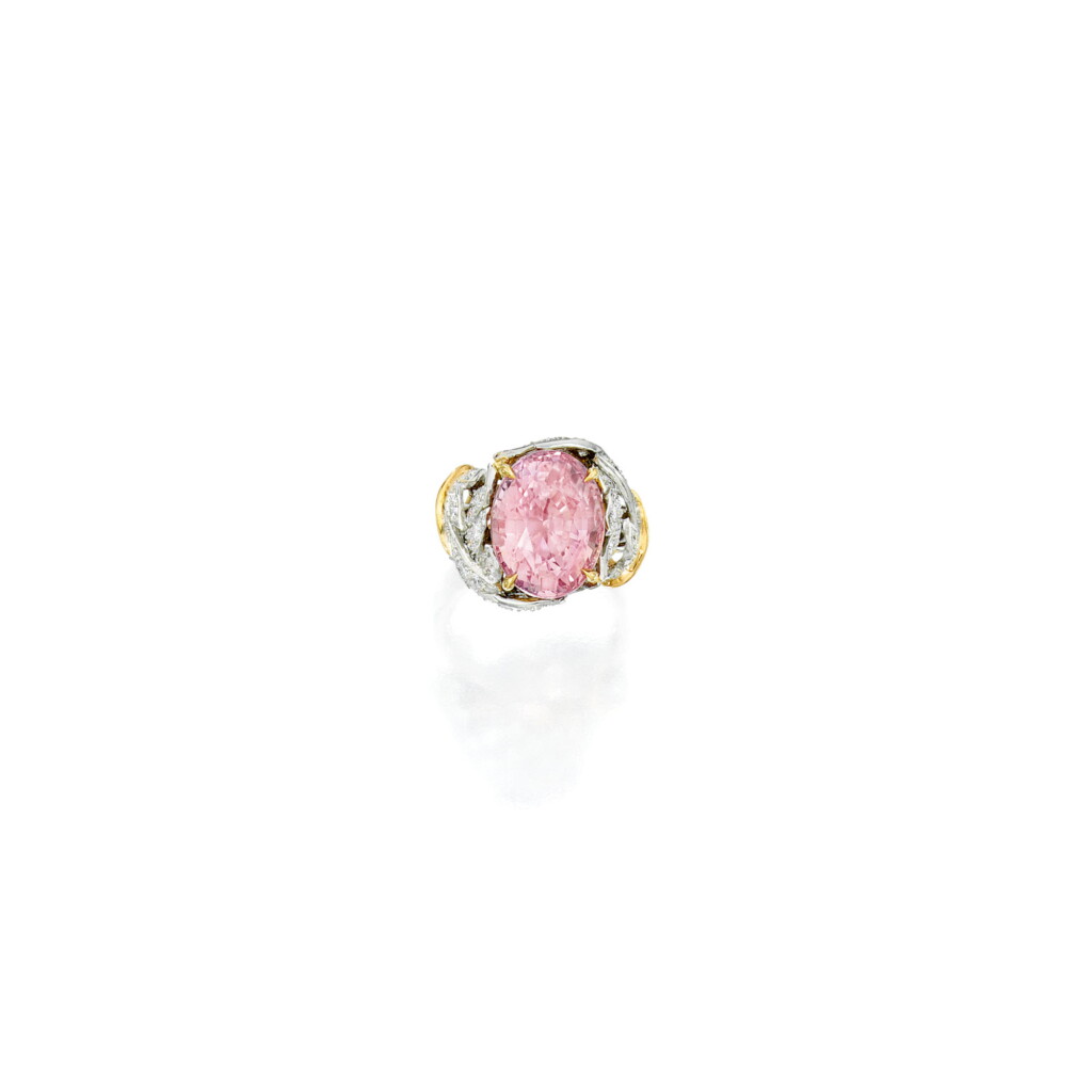 View full screen - View 1 of Lot 413. PADPARADSCHA SAPPHIRE AND DIAMOND RING, SCHLUMBERGER FOR TIFFANY & CO. | 橙粉紅色剛玉配鑽石戒指,Schlumberger 蒂芙尼.