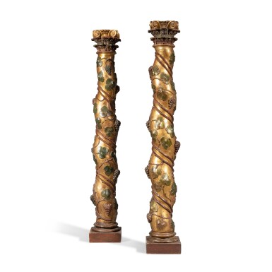 View full screen - View 1 of Lot 112. A pair of painted-wood columns, Spain, 18th century | Paire de colonnes en bois peint, Espagne, XVIIIe siècle.