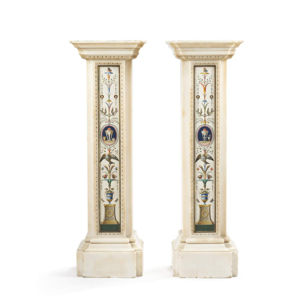 View full screen - View 1 of Lot 40. A pair of Italian marble, micromosaic and gilt-bronze pedestals, Rome, circa 1780, the micromosaics attributed to Giacomo Raffaelli (1753-1836).