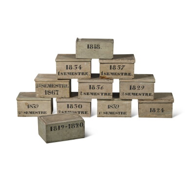 View full screen - View 1 of Lot 246. A Collection of Eleven French Painted Pinewood Archive Boxes, each baring a date between 1818 and 1867 and inscribed Semestre.