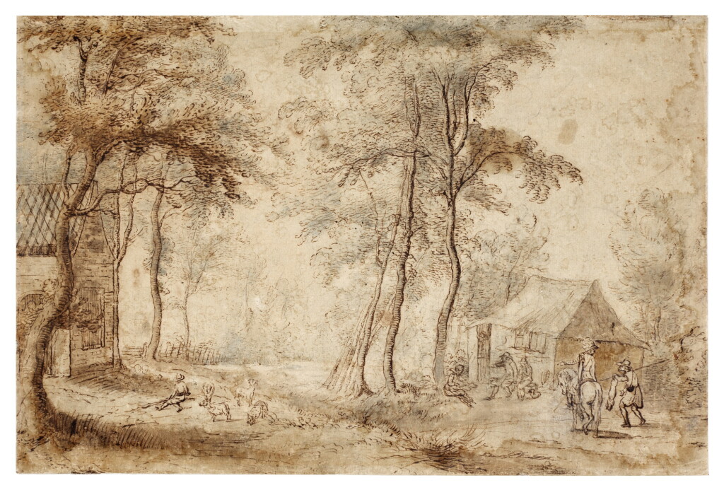 View full screen - View 1 of Lot 729. Hunters by a hut in a landscape.
