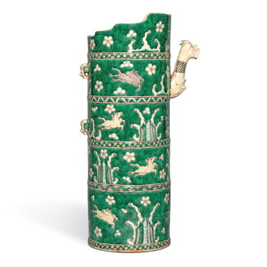 View full screen - View 1 of Lot 1196. A famille-verte biscuit 'horse' Tibetan-style ewer and cover, Qing dynasty, 19th century | 清十九世紀 素三彩駿馬圖多穆壺連蓋.