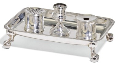 View full screen - View 1 of Lot 119. A GEORGE II SILVER INKSTAND, PETER ARCHAMBO I, LONDON, 1742.