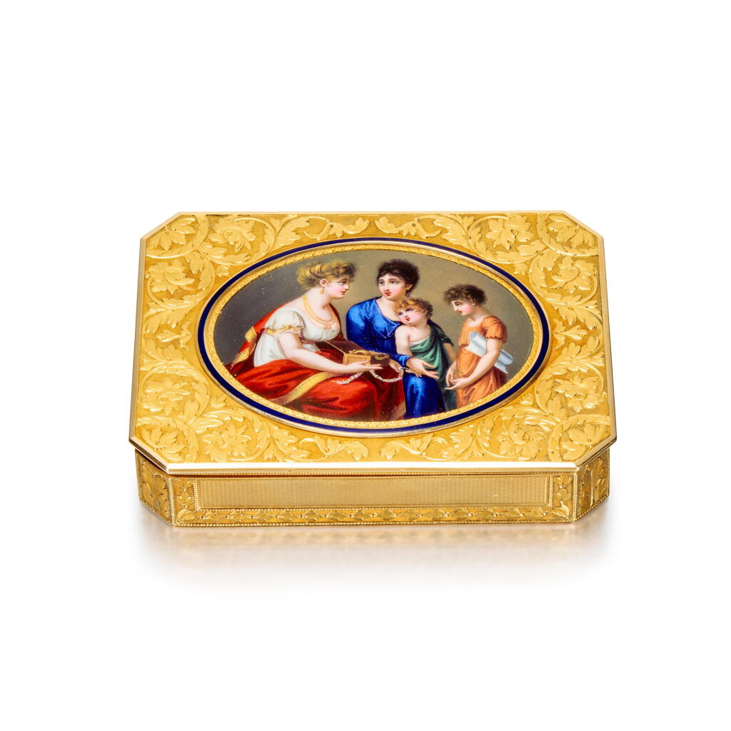 View full screen - View 1 of Lot 421. A Two-Coloured Gold and Enamel Snuff Box, Gebrüder Toussaint, Hanau, Circa 1805.