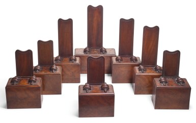View full screen - View 1 of Lot 47. A GROUP OF EIGHT WILLIAM IV MAHOGANY PLATE STANDS, CIRCA 1830, IN THE MANNER OF GILLOWS.