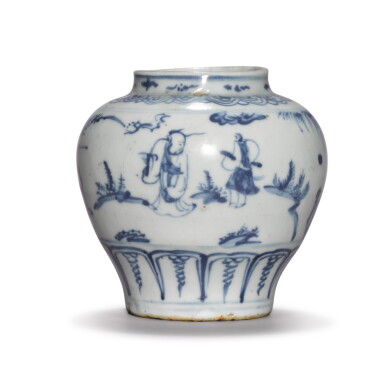 View full screen - View 1 of Lot 15. A small blue and white 'figural' jar, Ming dynasty, 15th / 16th century .