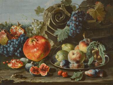 View full screen - View 1 of Lot 656. Still life of pomegranates, grapes, figs, plums and peaches on a silver plate, together with a fragment of a classical column, arranged in a landscape.