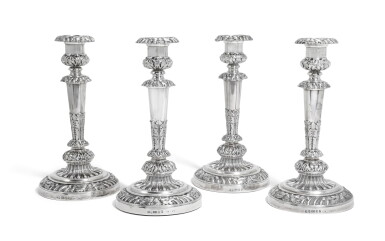 View full screen - View 1 of Lot 145. A set of Four George III silver table candlesticks, Boulton & Plate Co., Birmingham, 1817.