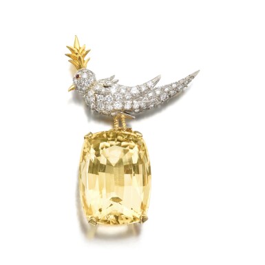 View full screen - View 1 of Lot 55. Citrine, Ruby and Diamond 'Bird on a Rock' Brooch.