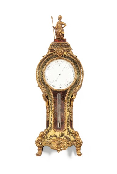 View full screen - View 1 of Lot 147. A LOUIS XIV STYLE GILT-BRONZE, TORTOISESHELL AND BRASS BOULLE MARQUETRY BRACKET BAROMETER-THERMOMETER, 19TH CENTURY | BAROMÈTRE-THERMOMÈTRE D'APPLIQUE EN MARQUETERIE D'ÉCAILLE BRUNE, LAITON ET BRONZE DE STYLE LOUIS XIV, XIXE SIÈCLE.