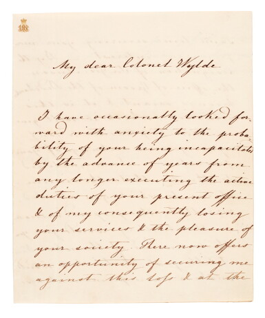 View full screen - View 1 of Lot 1. Prince Albert | Autograph letter signed, to Colonel Wylde, 22 February 1846.