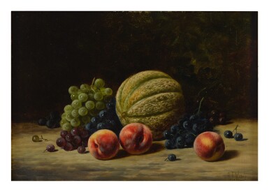 View full screen - View 1 of Lot 53. ALBERT FRANCIS KING | STILL LIFE WITH MELON, PEACHES AND GRAPES.
