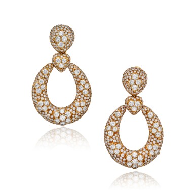 View full screen - View 1 of Lot 32. Pair of Gold and Diamond Pendant-Earclips.