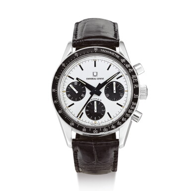View full screen - View 1 of Lot 2197. UNIVERSAL GENEVA | NINA RINDT A STAINLESS STEEL CHRONOGRAPH WRISTWATCH, CIRCA 1967" | Nina Rindt 精鋼計時腕錶,約1967年製".