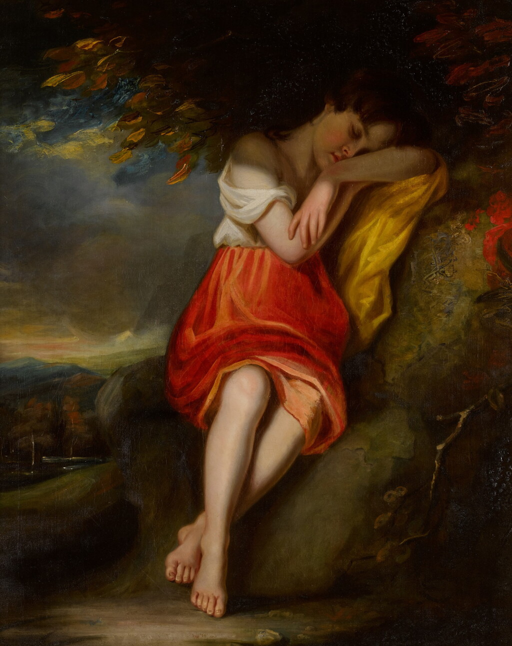 View full screen - View 1 of Lot 232. A girl slumbering under a tree in a landscape.