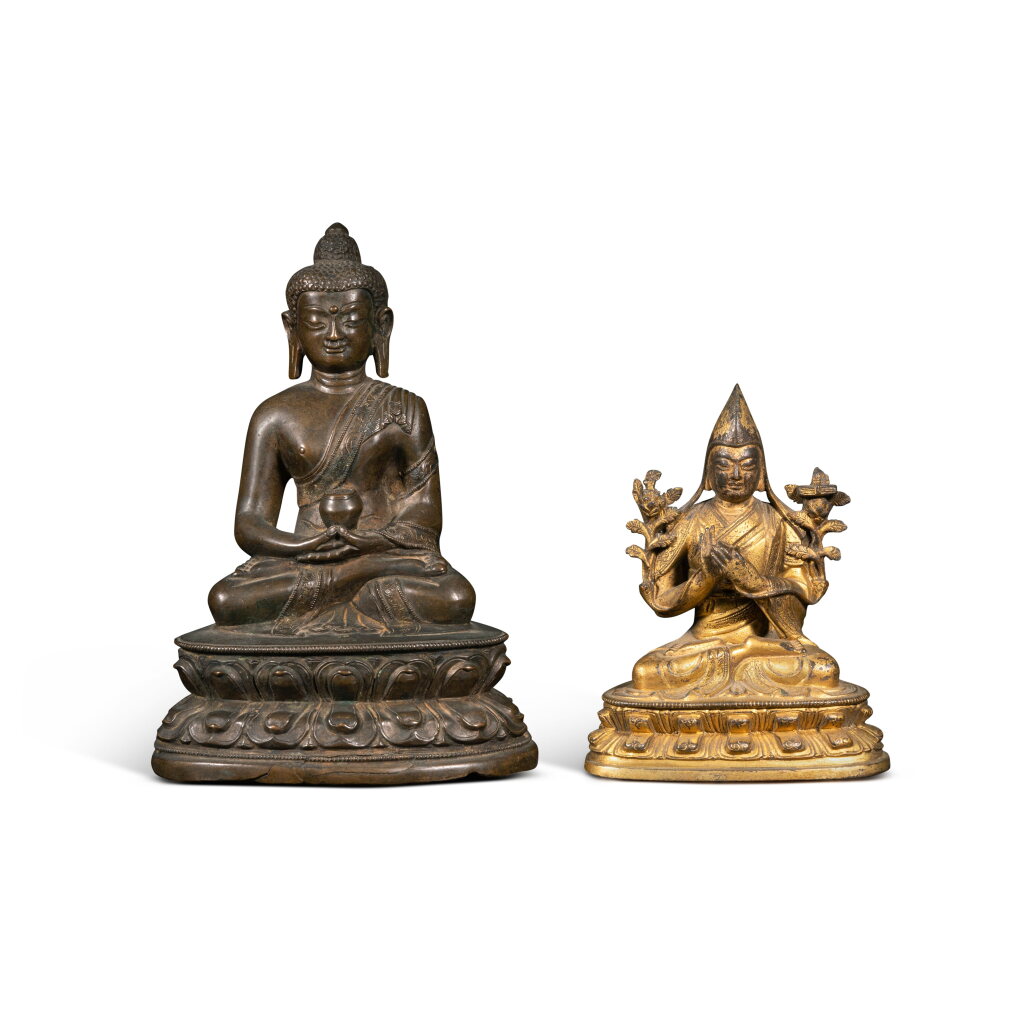 View full screen - View 1 of Lot 195. A gilt-bronze figure of Tsongkhapa and a bronze figure of Shakyamuni Buddha, Qing dynasty, 18th / 19th century.