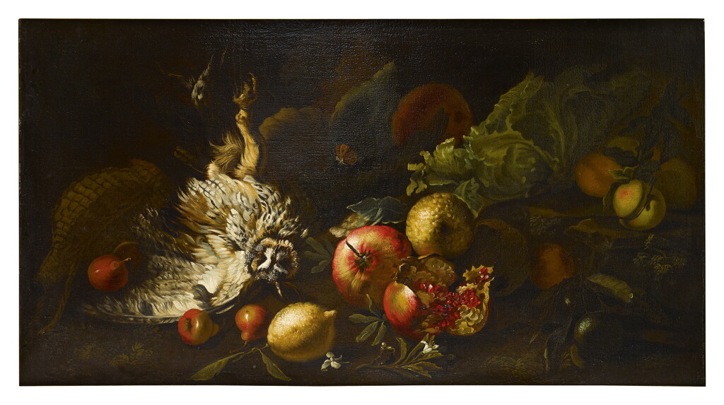 全萤幕检视 - 查看250SIMONE DEL TINTORE | A STILL LIFE WITH AN OWL, BUTTERFLY, WHITE LILIES, LETTUCE, POMEGRANATE, ONION, LEMON, APPLE AND OTHER FRUITS的1