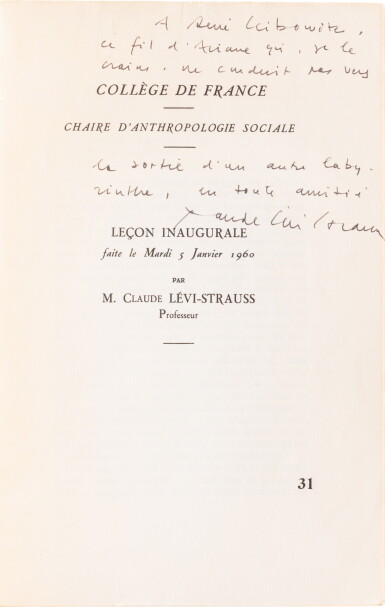 View full screen - View 1 of Lot 190. Leçon inaugurale de la chaire d'anthropologie sociale créée au Collège de France. Édition originale, avec envoi au compositeur René Leibowitz. .