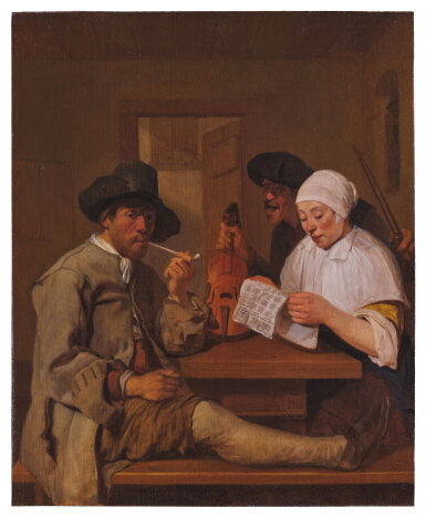 View full screen - View 1 of Lot 139. Interior with a man smoking a pipe, a woman reading and a man with a violin.