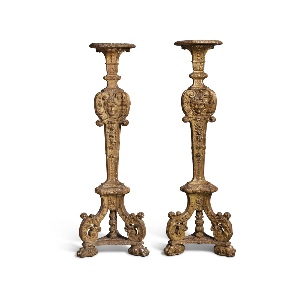 View full screen - View 1 of Lot 18. A Near Pair of Régence Style Giltwood Torchères.