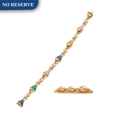 View full screen - View 1 of Lot 319. Bulgari | Gold, Diamond and Gem-Set 'Pesce' Bracelet and Clip-Brooch.