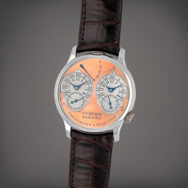 View full screen - View 1 of Lot 94. Chronomètre à Resonnance 'Pré-Souscription' | A platinum dual time zone wristwatch with power reserve indication and brass movement | Made in 2000.