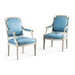A pair of Louis XVI white lacquered wood armchairs, attributed to Adrien-Pierre Dupain, circa 1780 | Paire de fauteuils en bois laqué blanc d'époque Louis XVI, attribués à Adrien-Pierre Dupain, vers 1780