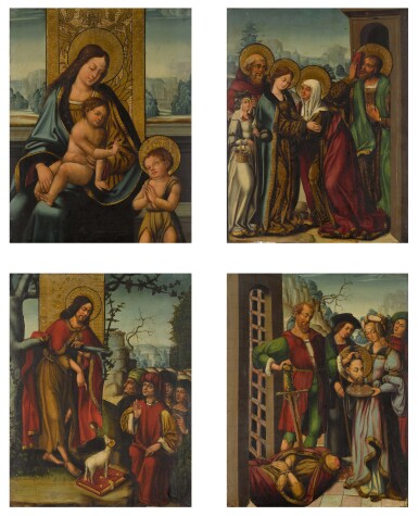 View full screen - View 1 of Lot 26. ANTONIO VÁZQUEZ | FOUR PANELS FROM AN ALTARPIECE WITH EPISODES FROM THE LIFE OF ST JOHN THE BAPTIST: THE VIRGIN AND CHILD WITH THE INFANT ST JOHN; THE PREACHING OF ST JOHN THE BAPTIST; THE VISITATION; SALOME WITH THE HEAD OF ST JOHN THE BAPTIST.