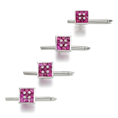 View full screen - View 1 of Lot 230. Four ruby and diamond dress studs.
