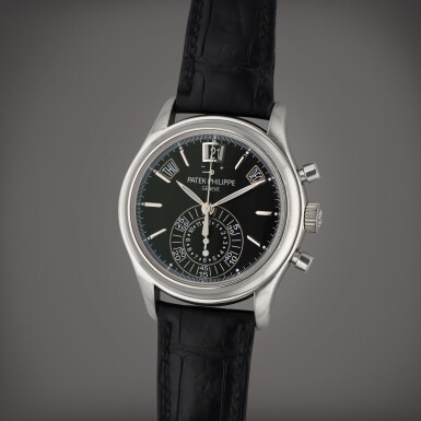 View full screen - View 1 of Lot 23. Reference 5960P-016 | A platinum automatic annual calendar flyback chronograph wristwatch with power reserve and day/night indication, Circa 2013.