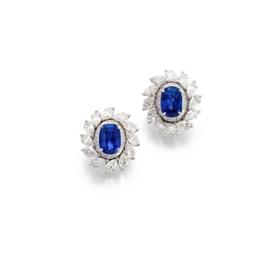 View full screen - View 1 of Lot 401. Pair of sapphire and diamond earrings.
