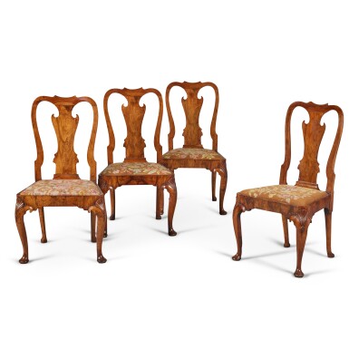 View full screen - View 1 of Lot 10. A Set of Four George I Figured Walnut Side Chairs, Circa 1725.