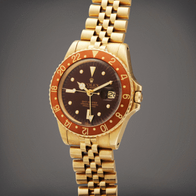 View full screen - View 1 of Lot 47. Reference 1675 GMT-Master | A yellow gold automatic dual time wristwatch with date and bracelet, Circa 1979 | 勞力士 型號 1675 GMT-Master 黃金自動上鏈兩地時間鍊帶腕錶備日期顯示,製作年份約 1979.
