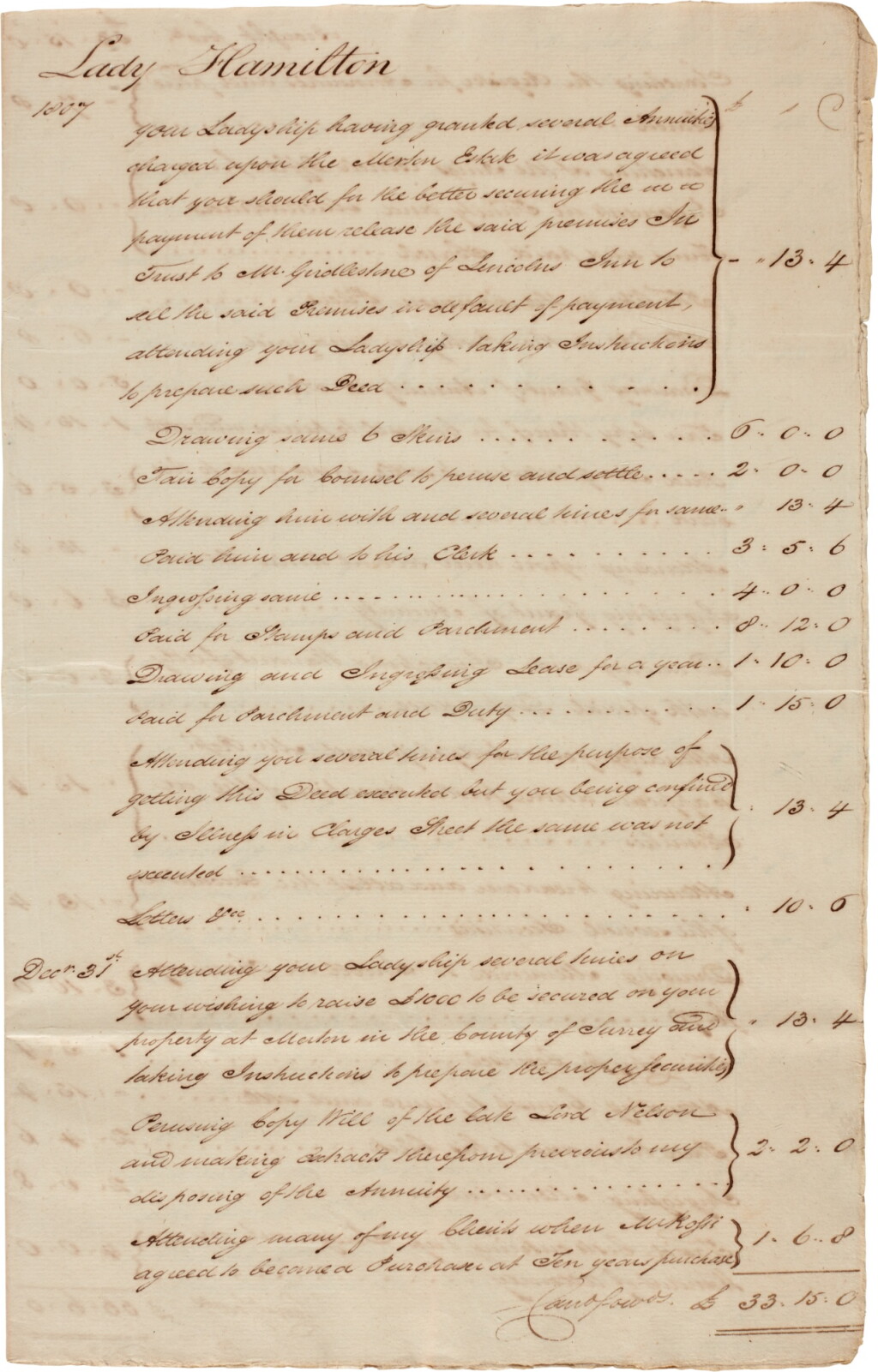 View full screen - View 1 of Lot 323. Emma, Lady Hamilton--John Dawson | Bill for legal services, 1807-9.