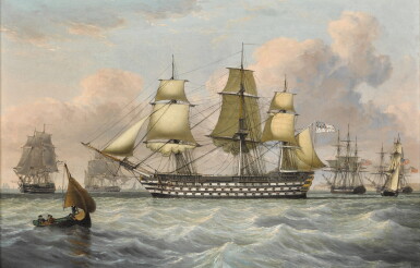 View full screen - View 1 of Lot 180. H.M.S. Britannia and Other Shipping Near a Headland.