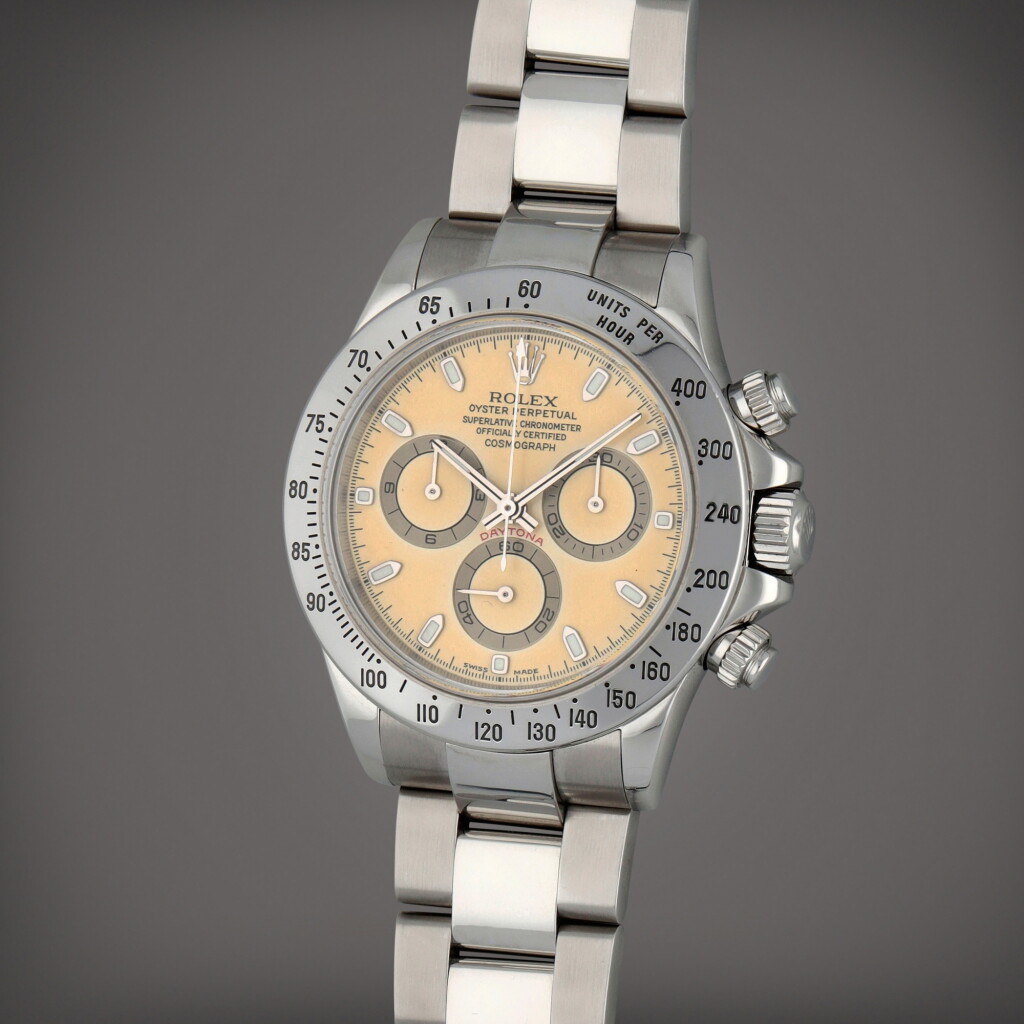 全螢幕檢視 - 查看40Daytona 'Citrus', Reference 116520 | A stainless steel chronograph wristwatch with bracelet | Circa 2000 | 勞力士 | Daytona 'Citrus' 型號116520 | 精鋼計時鏈帶腕錶,製作年份約2000的1