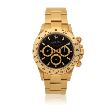 View full screen - View 1 of Lot 5. ROLEX | 'ZENITH' DAYTONA, REF 16528 YELLOW GOLD CHRONOGRAPH WRISTWATCH WITH BRACELET AND 'INVERTED 6' DIAL CIRCA 1991.