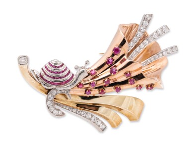 View full screen - View 1 of Lot 50. TIFFANY & CO. | GOLD, RUBY AND DIAMOND CLIP-BROOCH.