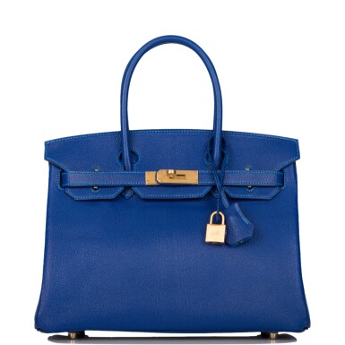 View full screen - View 1 of Lot 12. HERMÈS | HORSESHOE STAMP (HSS) BLEU ELECTRIQUE AND BLEU HYDRA BIRKIN 30CM OF CHEVRE LEATHER WITH BRUSHED GOLD HARDWARE.
