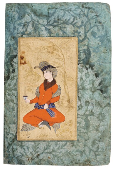 View full screen - View 1 of Lot 426. A SEATED YOUTH HOLDING A CUP OF COFFEE, PERSIA, SAFAVID, MID-17TH CENTURY.